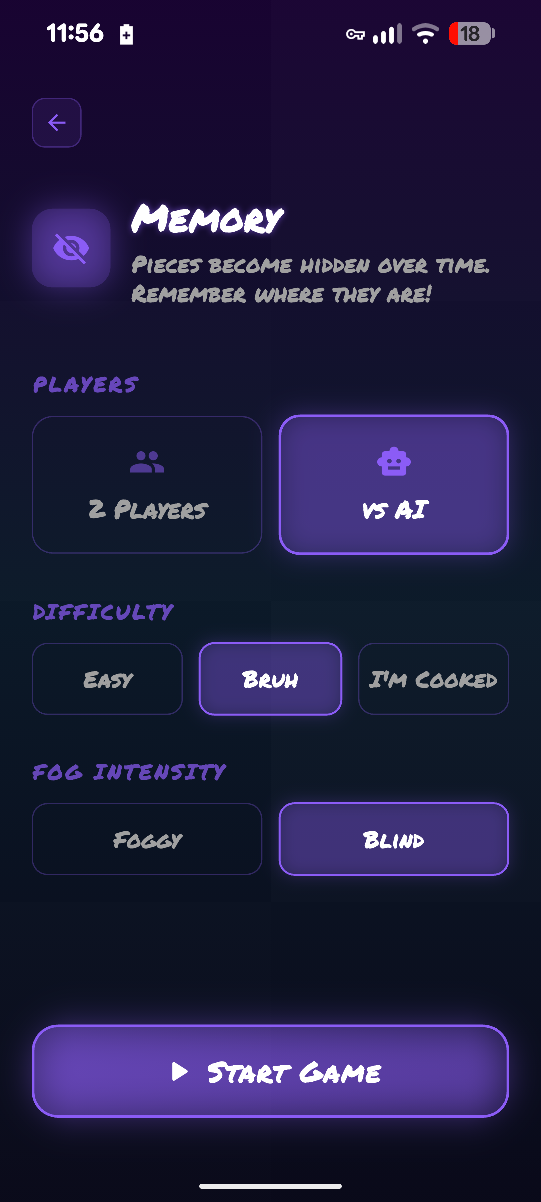 Memory mode setup screen