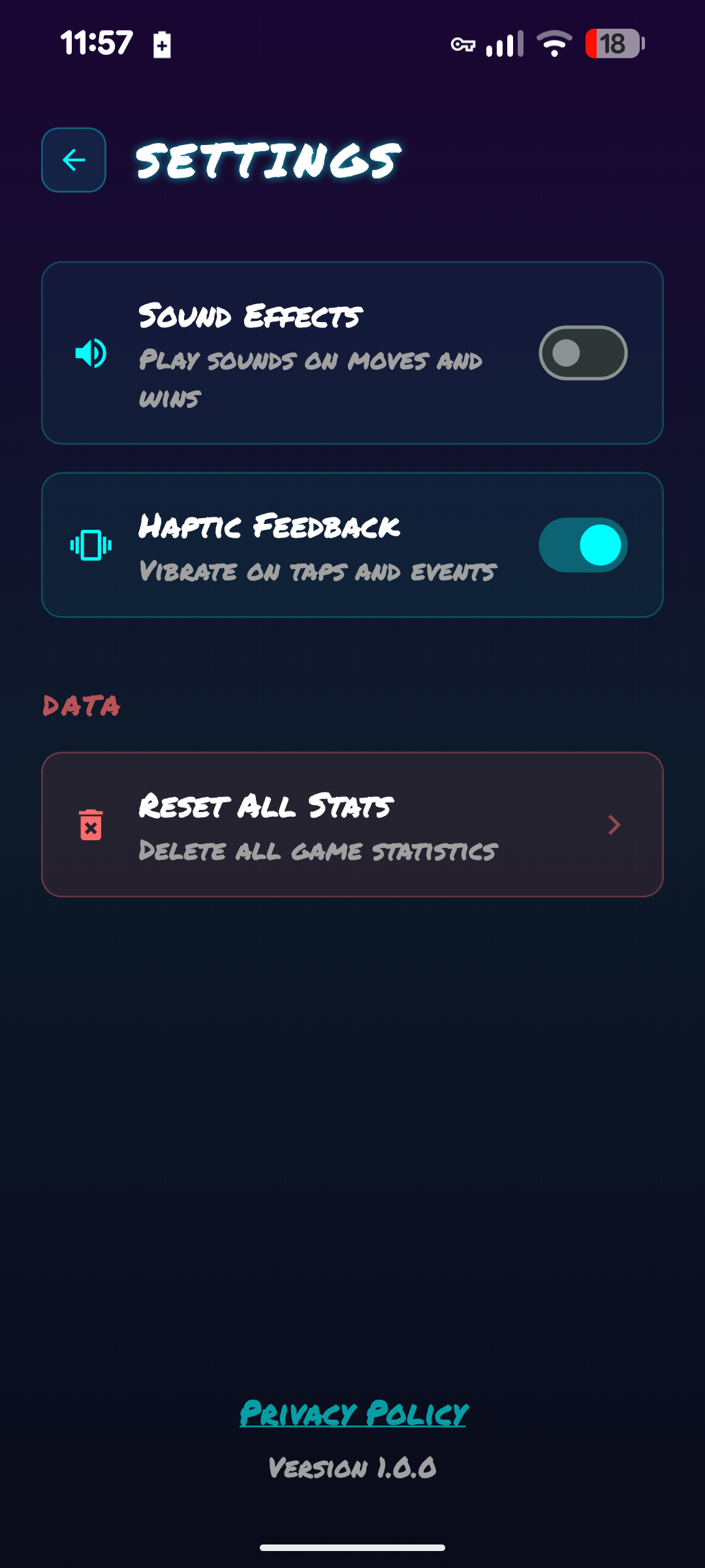 Settings screen