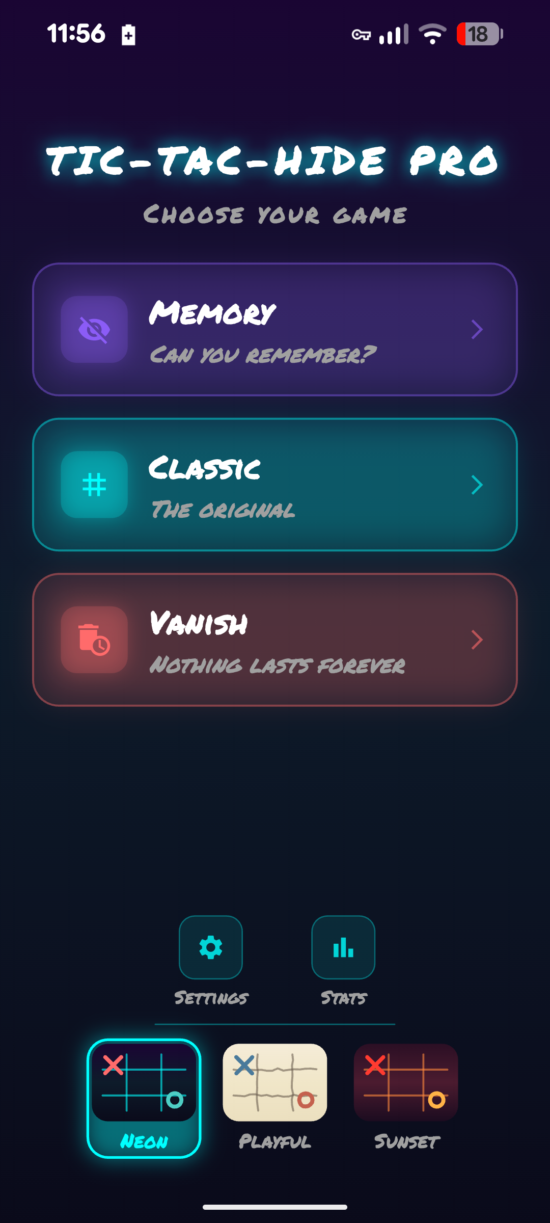 Tic-Tac-Hide home screen showing game modes